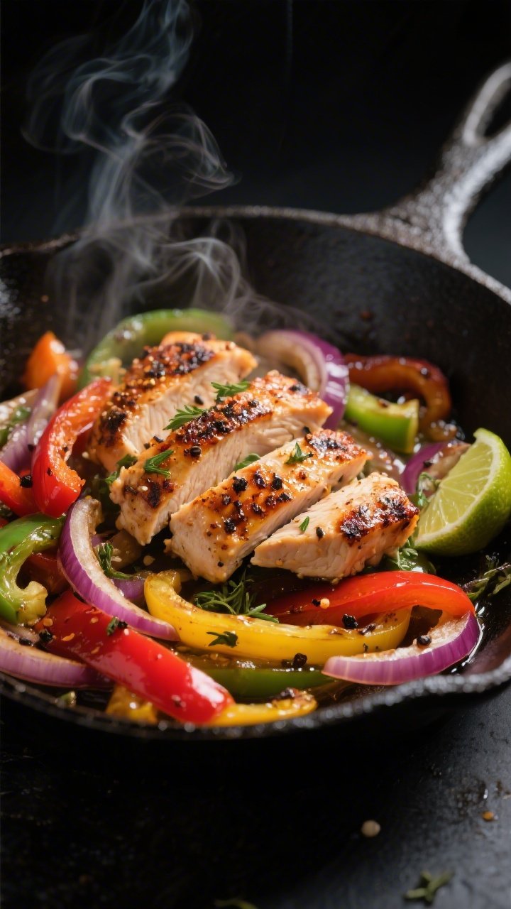 Close-up detail: Sizzling keto chicken fajitas in a hot cast-iron skillet, showing charred, spice-cr