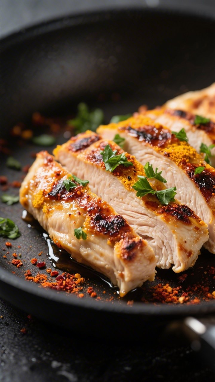 Close-up detail: Sliced, charred keto chicken shawarma just off the skillet, edges deeply caramelize