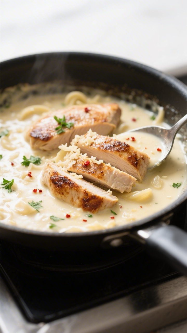Close-up detail: Sliced seared chicken cutlets being tossed back into a silky Alfredo sauce in a sta