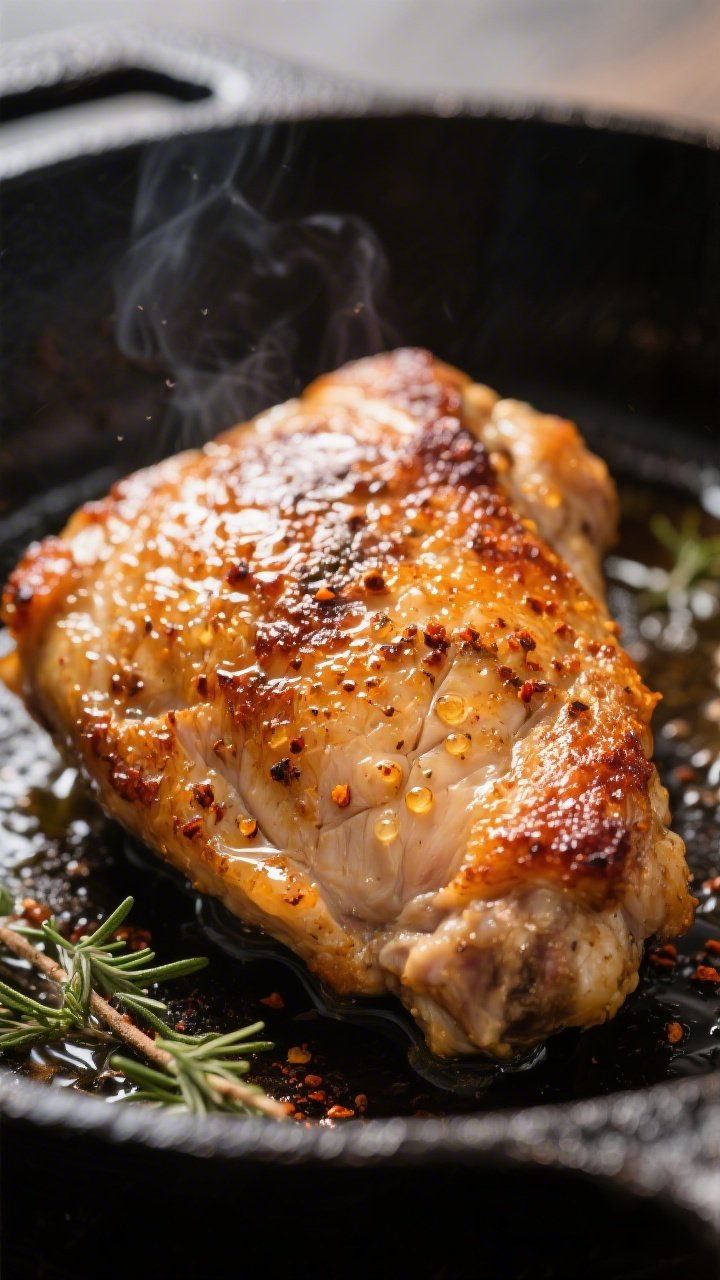 Close-up detail: Ultra-crisp, golden-brown skin-on chicken thigh just after the stovetop sear, beads