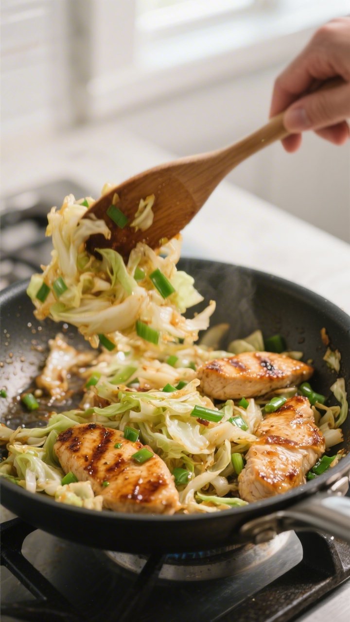 Cooking process action: Keto chicken cabbage stir fry mid-toss in a stainless skillet, sauce just ad