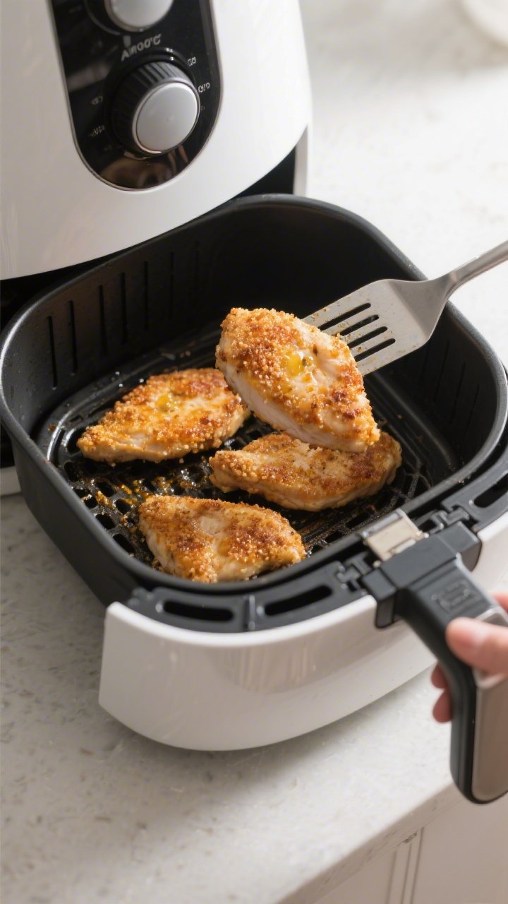 Cooking process: Air fryer basket open with a single layer of coated chicken cutlets midway through 