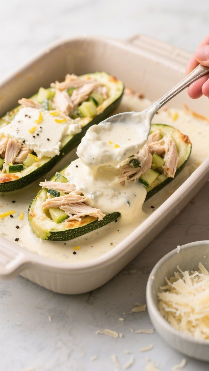 Cooking process: Alfredo chicken filling being spooned into par-baked zucchini boats in a lightly oi