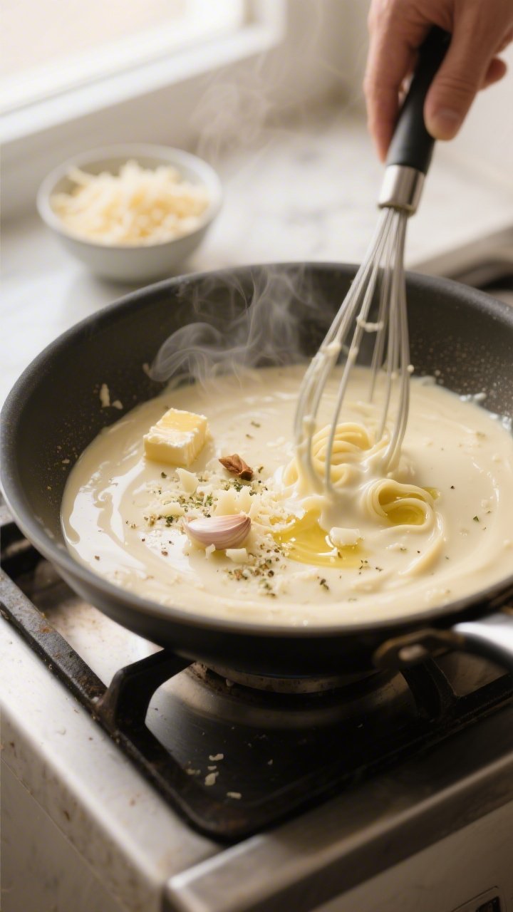 Cooking process — Alfredo sauce coming together: Close-up of a sauté pan with melted butter, minc