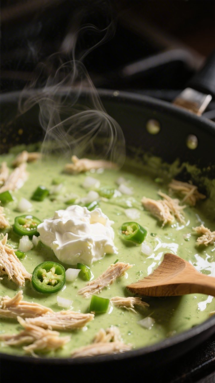 Cooking process beauty shot: the silky green chile cream sauce in a skillet after cream cheese and s