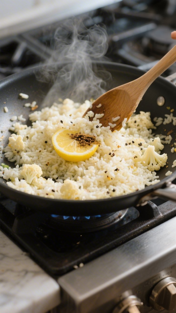 Cooking process: Cauliflower rice sautéing in a wide stainless skillet over medium-high heat, steam