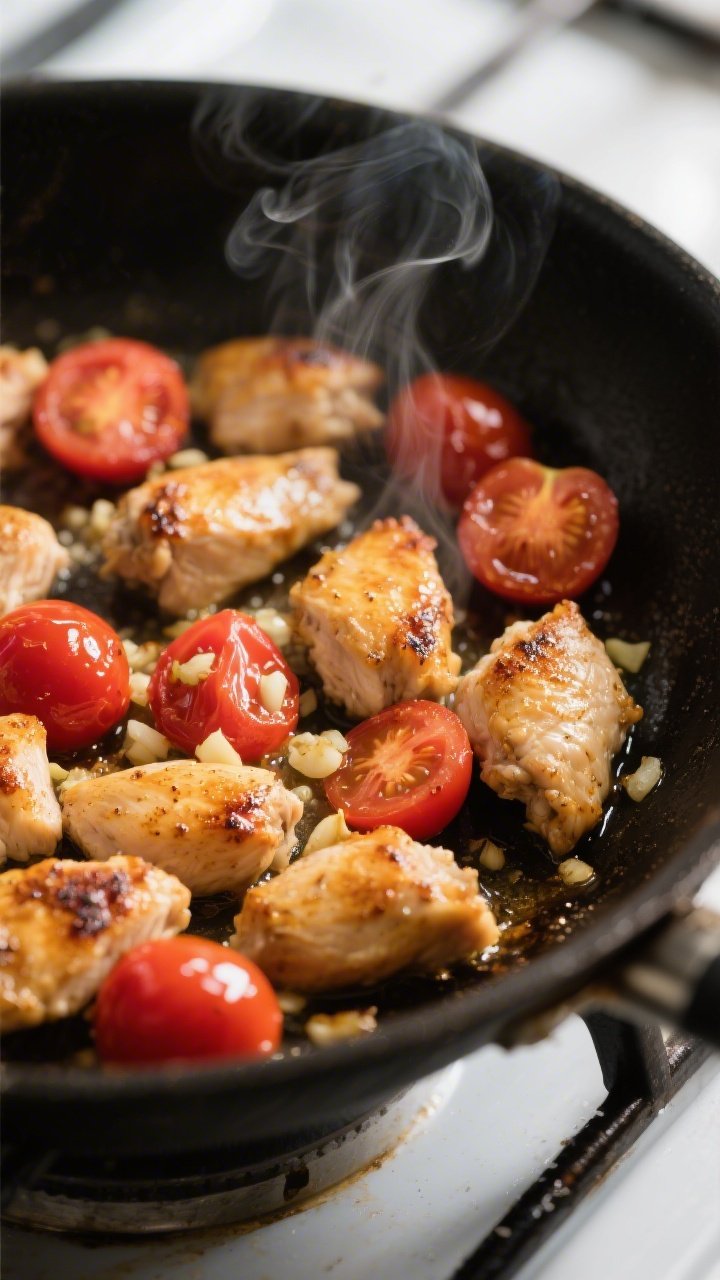 Cooking process close-up: Bite-size chicken pieces searing in a large skillet until golden-browned w