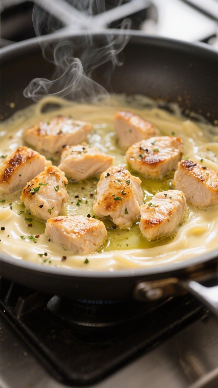 Cooking process close-up: Bite-size chicken pieces searing in a large skillet with a glossy mix of a