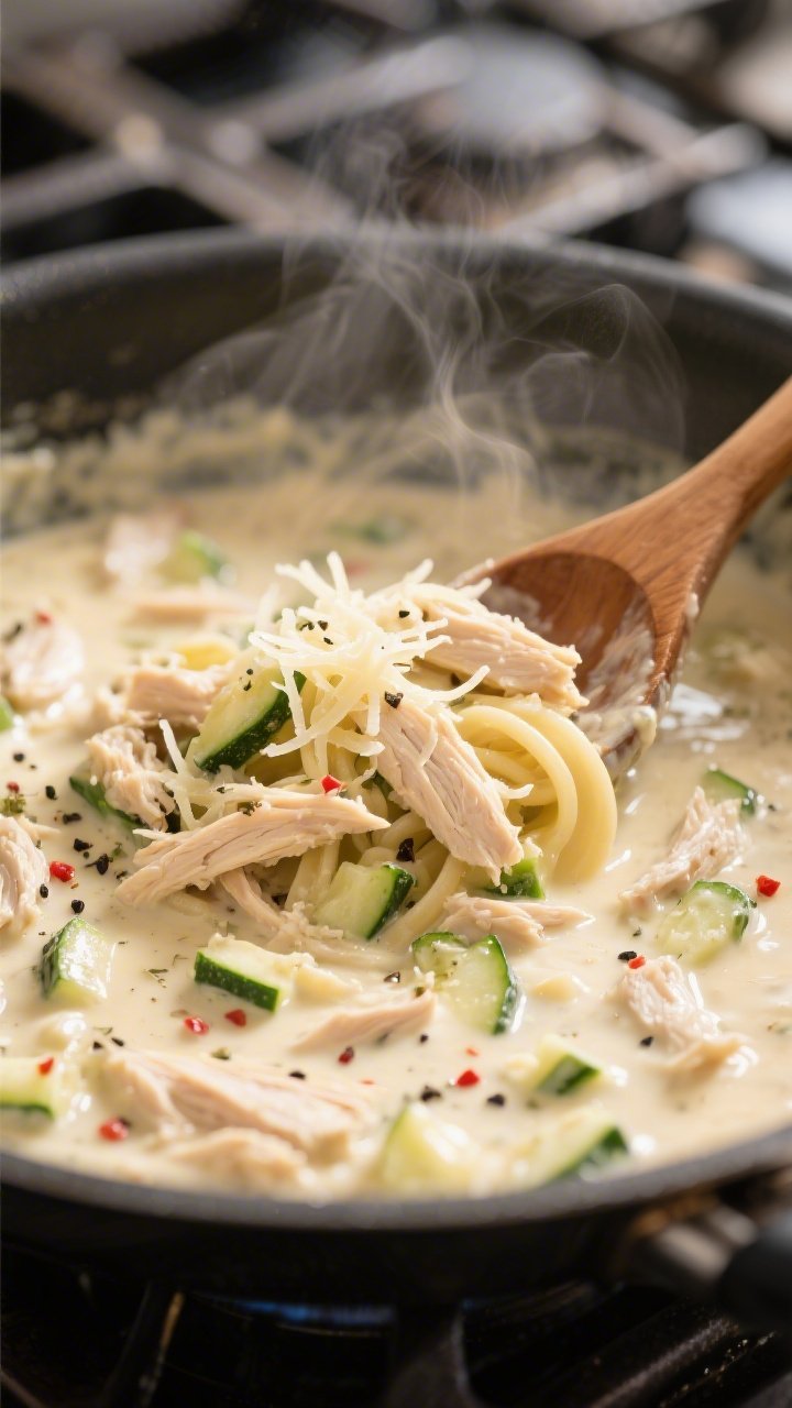 Cooking process close-up: Creamy chicken Alfredo filling simmering in a skillet, showing glossy, vel