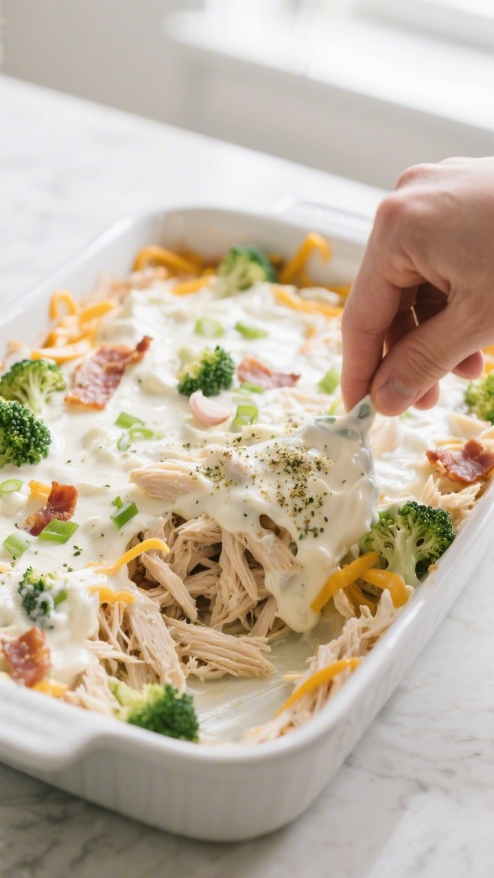 Cooking process close-up: Creamy keto chicken ranch mixture being folded together in a large white b