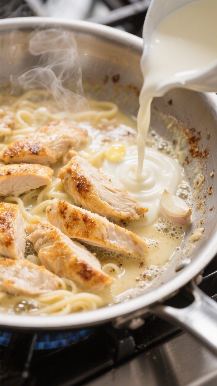 Cooking process, close-up detail: Golden-browned chicken strips sizzling in a stainless-steel skille