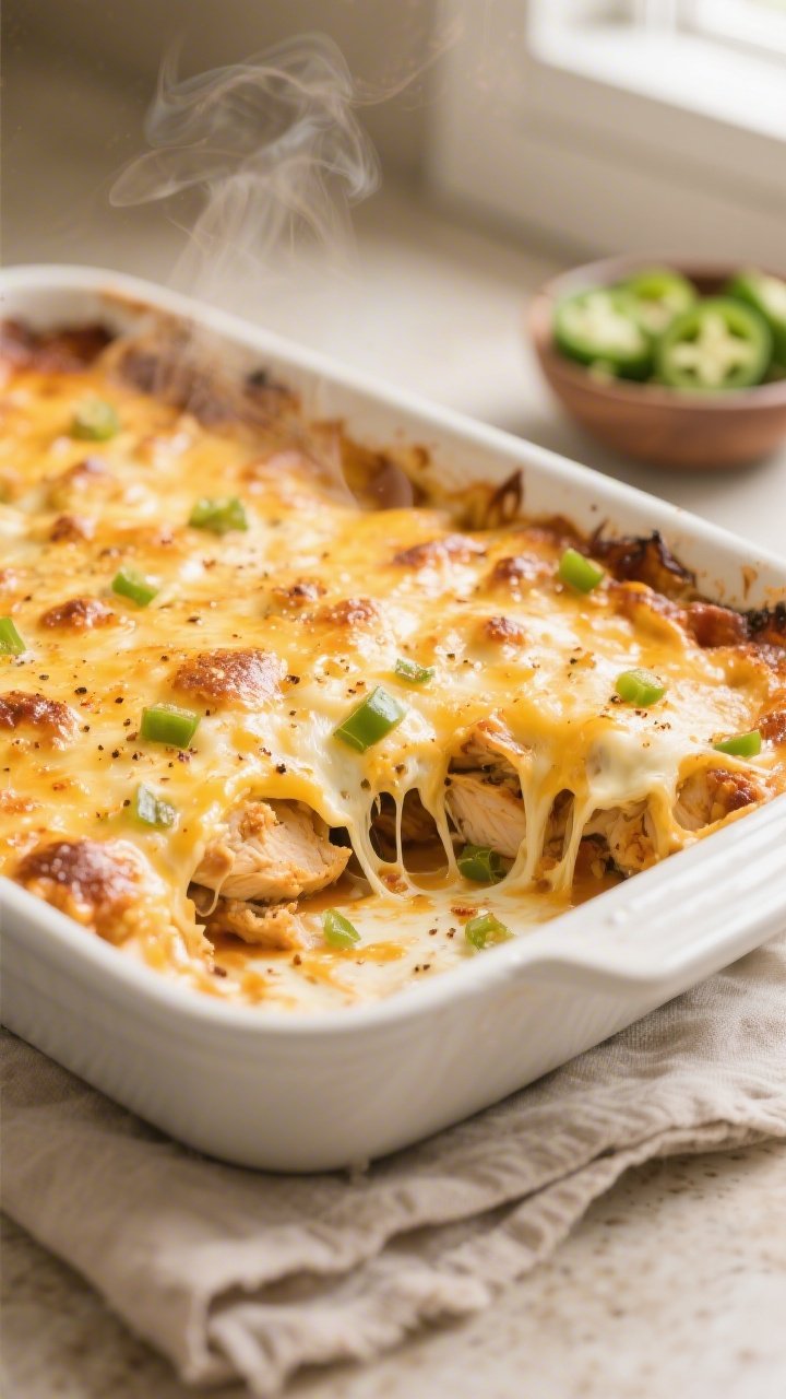 Cooking process, close-up detail: Golden, bubbling Keto Chicken Taco Bake just after broiling, extre