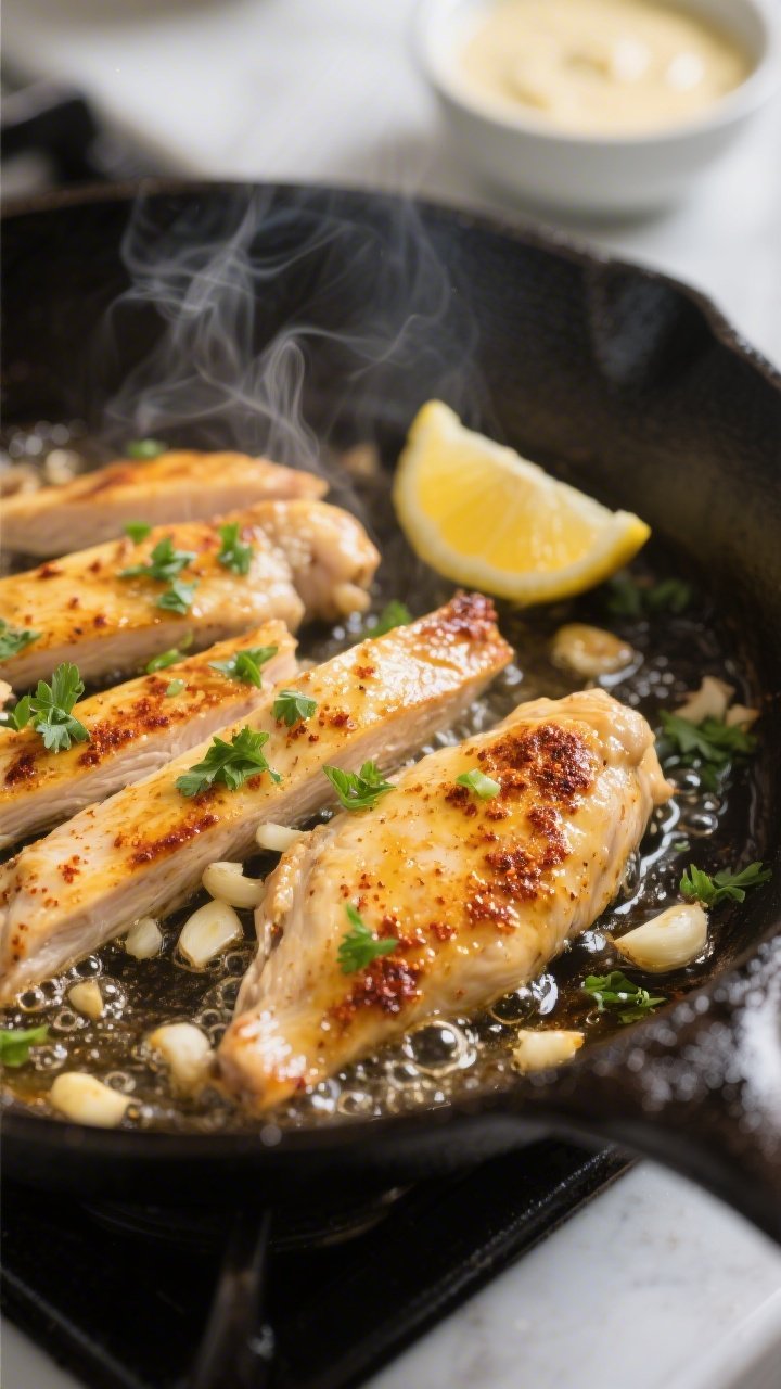 Cooking process, close-up detail: Golden garlic chicken sizzling in a hot skillet, thin strips seare