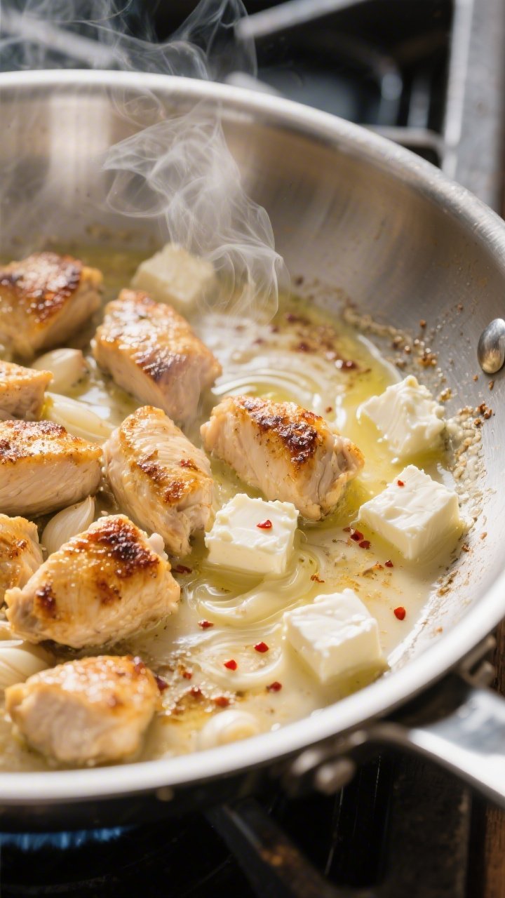 Cooking process, close-up detail: Golden seared chicken bites sizzling in a stainless steel skillet,