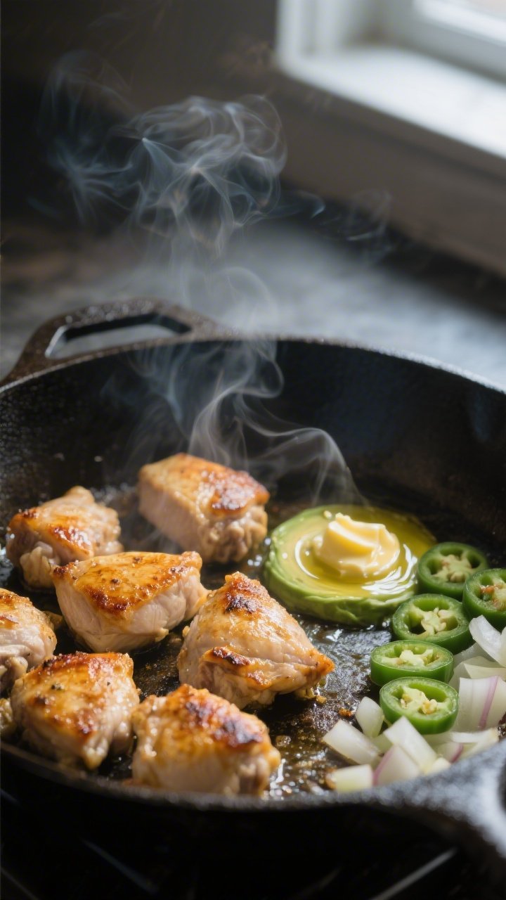 Cooking process, close-up detail: Searing bite-size chicken thigh pieces in a large cast-iron skille