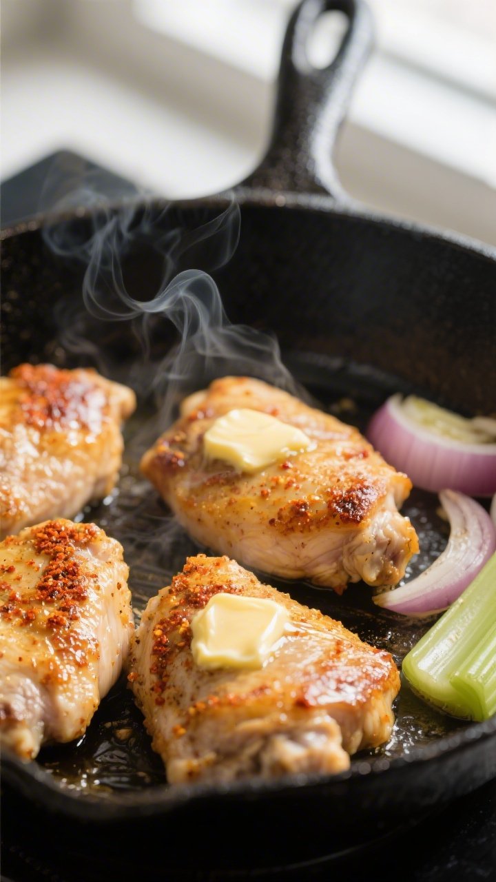 Cooking process, close-up detail: Searing bite-size chicken thighs in a black cast-iron skillet, gol