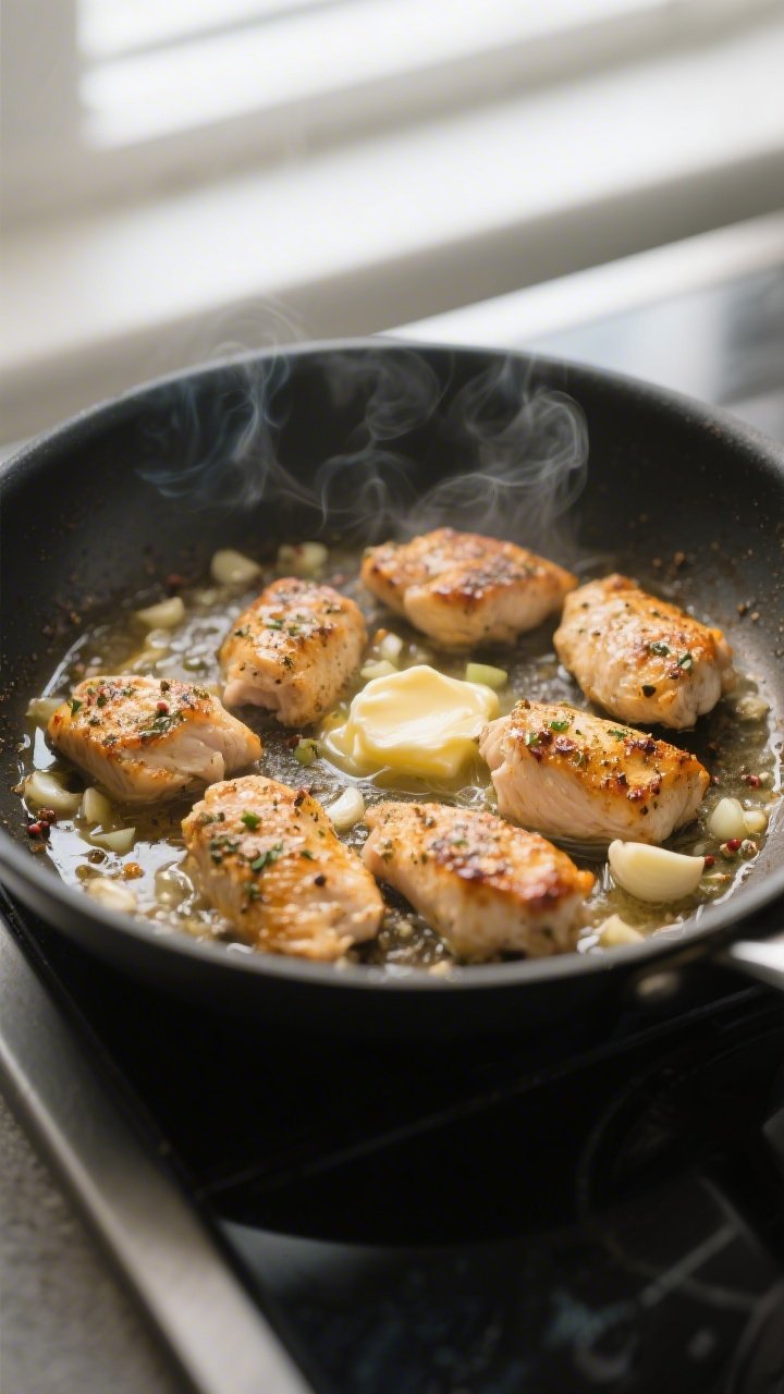 Cooking process, close-up detail: Searing bite-size seasoned chicken in a large skillet, golden-brow