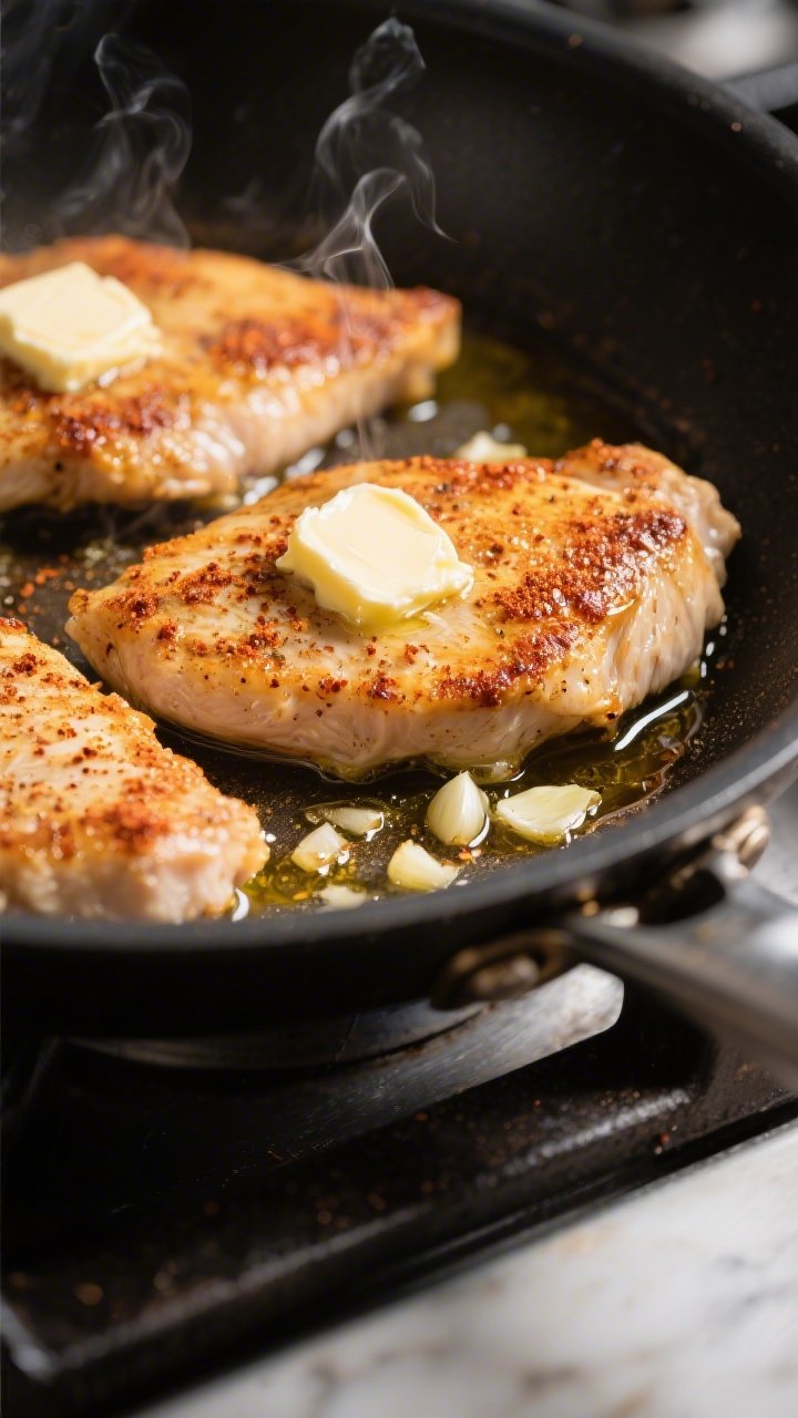 Cooking process, close-up detail: Searing seasoned chicken cutlets in a large skillet, golden-brown 