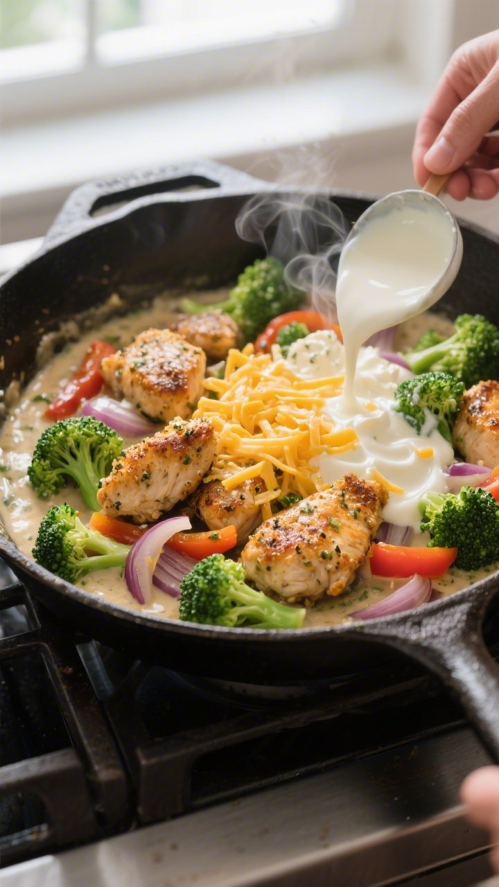 Cooking process, close-up detail: Sizzling keto chicken cheddar ranch skillet mid-cook in a 12-inch 