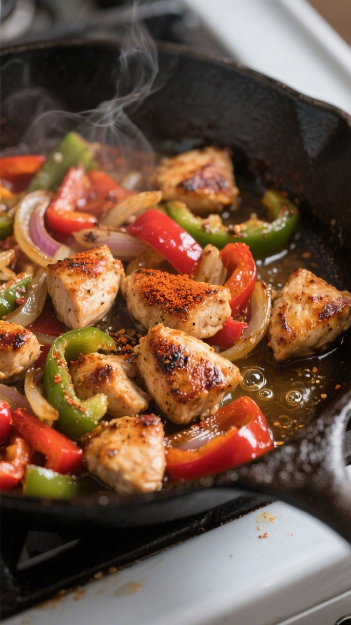 Cooking process, close-up detail: Sizzling keto chicken Southwest skillet mid-cook in a cast-iron pa