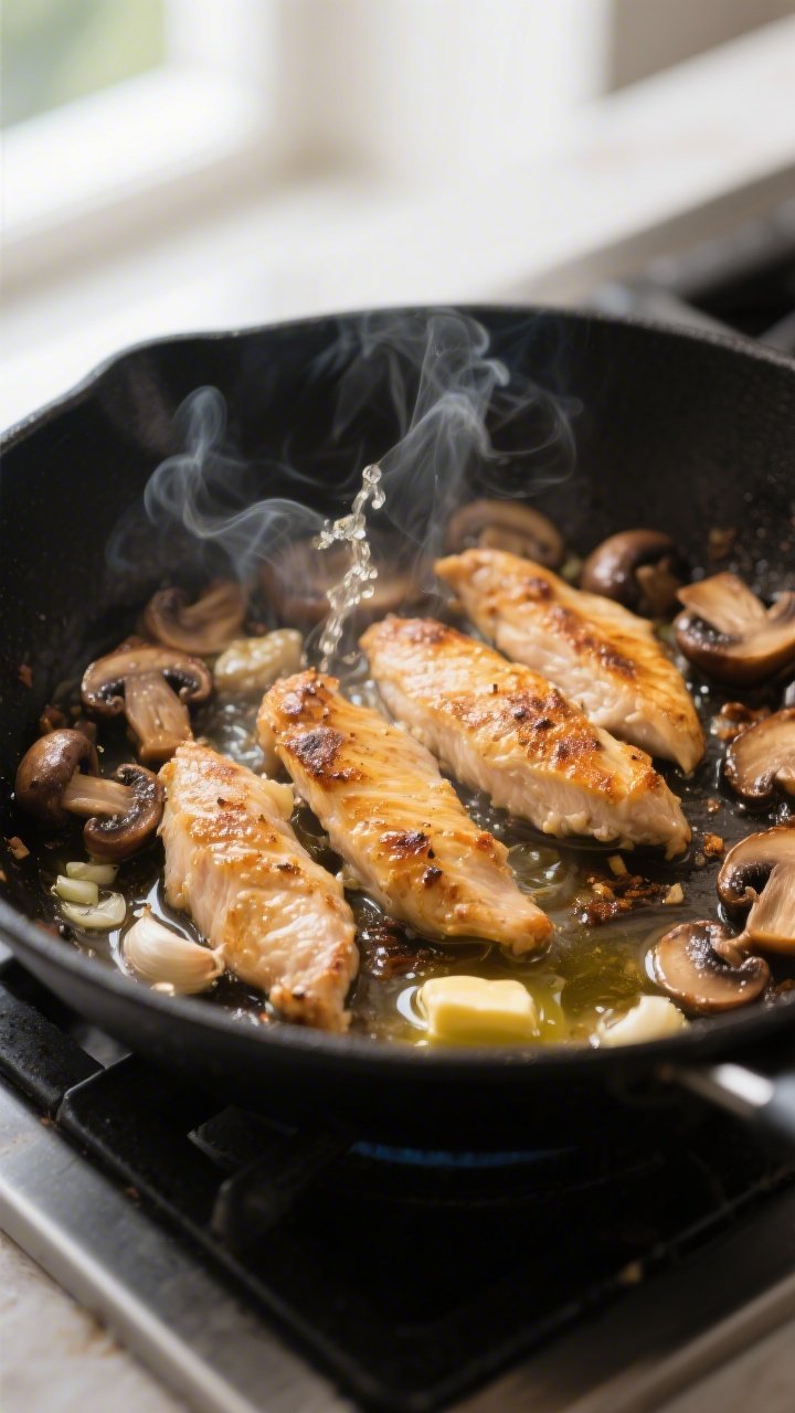 Cooking process, close-up: Golden-brown chicken strips sizzling in a large skillet alongside deeply 