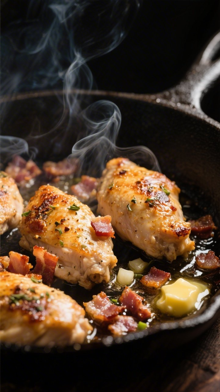 Cooking process close-up: Golden-browned chicken pieces and crisp bacon bits sizzling in a cast-iron