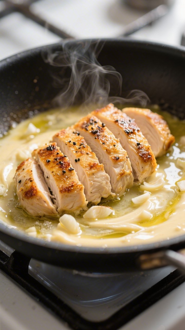 Cooking process close-up: Golden-browned sliced chicken in a large skillet, seared in butter and oli