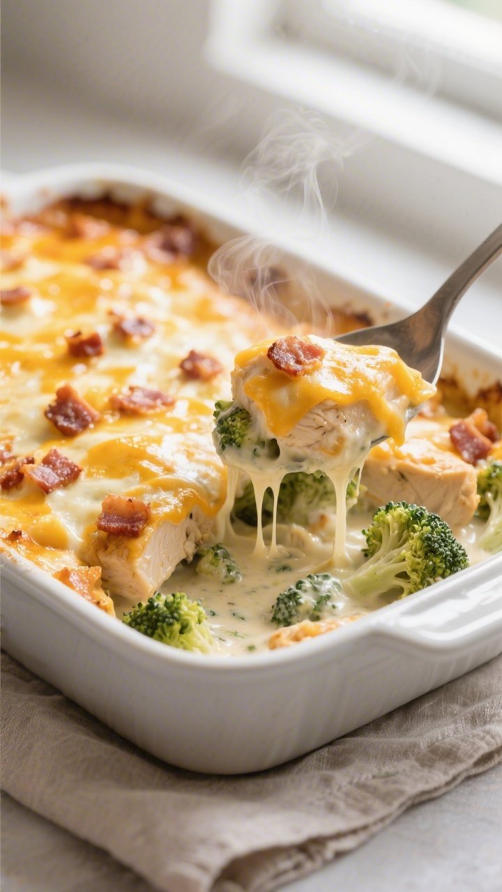 Cooking process close-up: Golden, bubbly keto chicken casserole just pulled from the oven in a 9x13 