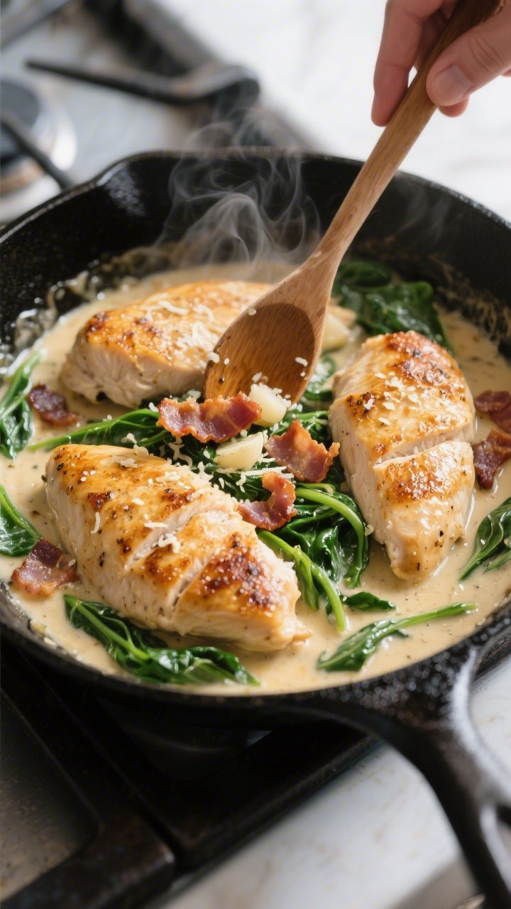 Cooking process close-up: Golden-seared chicken breasts nestled in a bubbling creamy Parmesan garlic