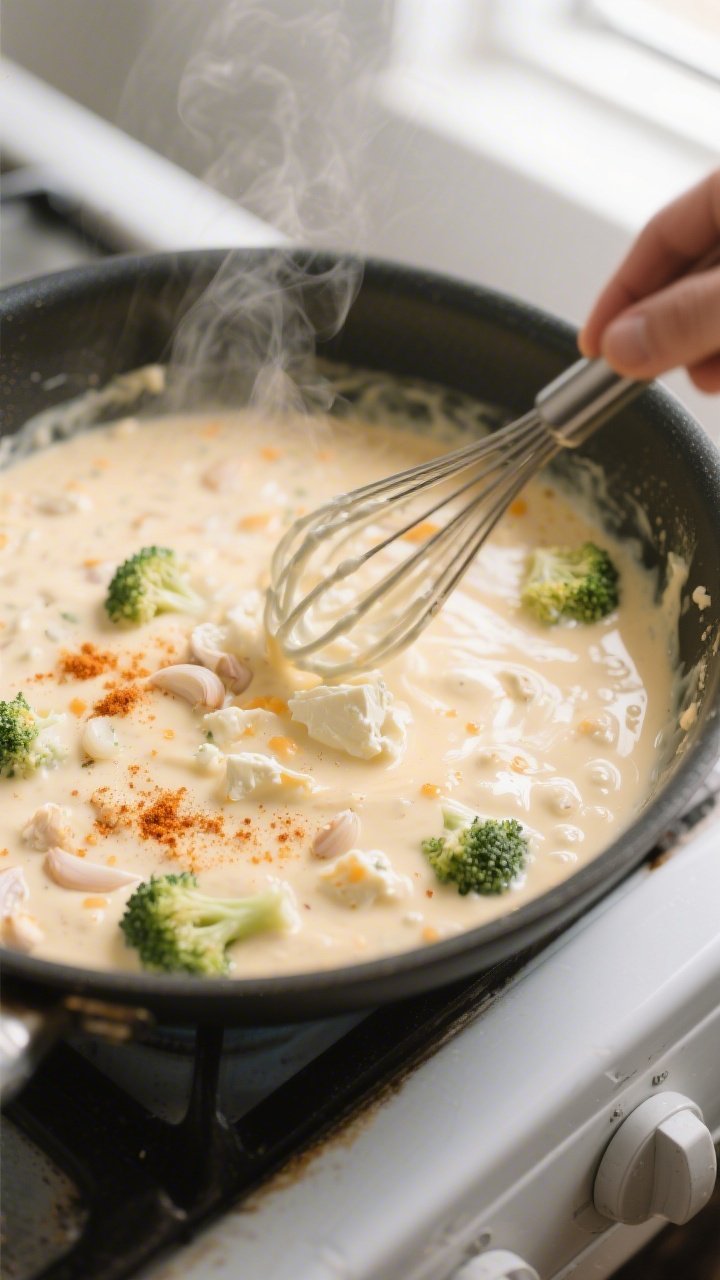 Cooking process close-up: In a stainless skillet, the creamy cheese sauce for Keto Chicken Broccoli 