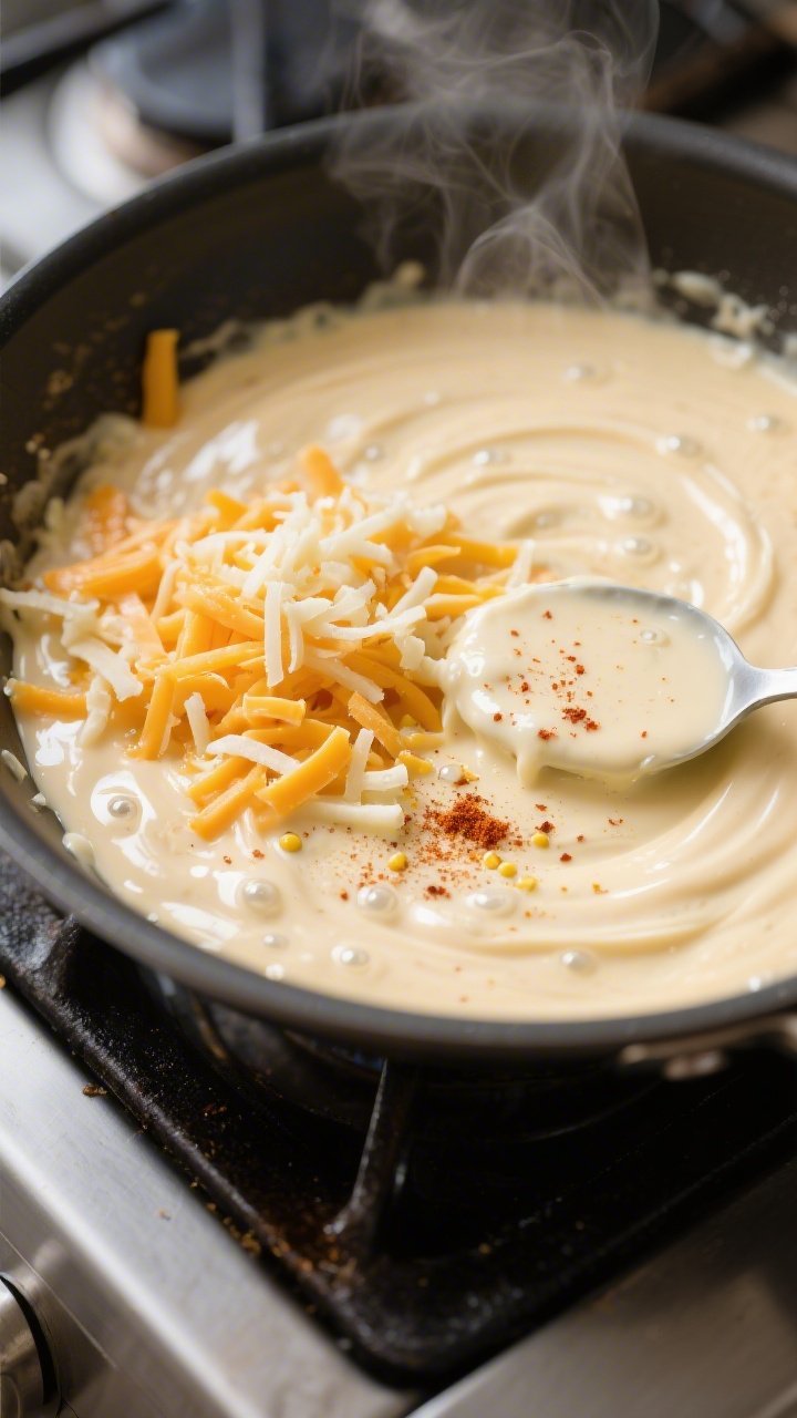 Cooking process close-up: In a stainless skillet over medium heat, a silky keto cheese sauce swirls 