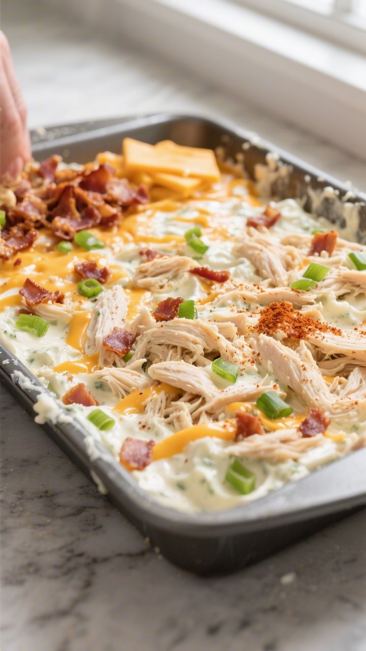 Cooking process close-up: Keto Crack Chicken mixture being spread evenly into a greased 9x13 baking 