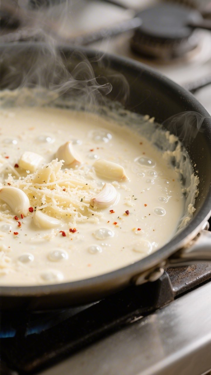 Cooking process close-up: Sautéed garlic simmering in a silky Alfredo base with heavy cream, cream 