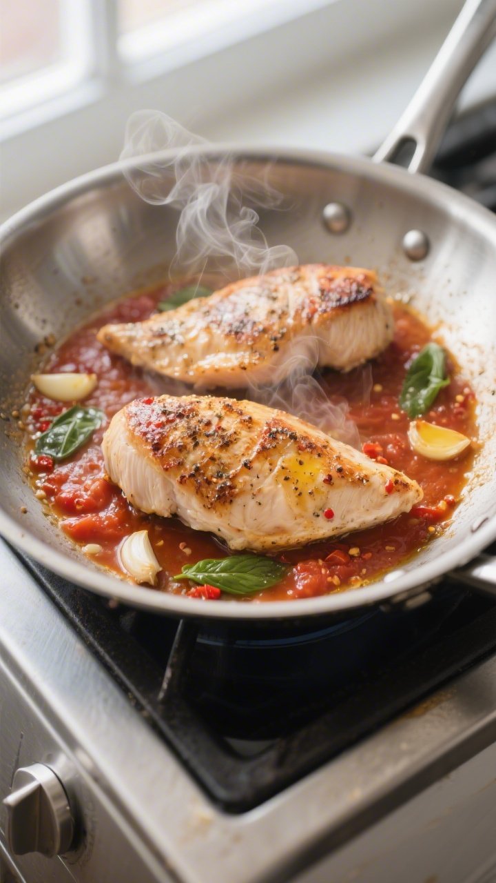Cooking process, close-up: Searing seasoned chicken breasts in a stainless steel skillet until light