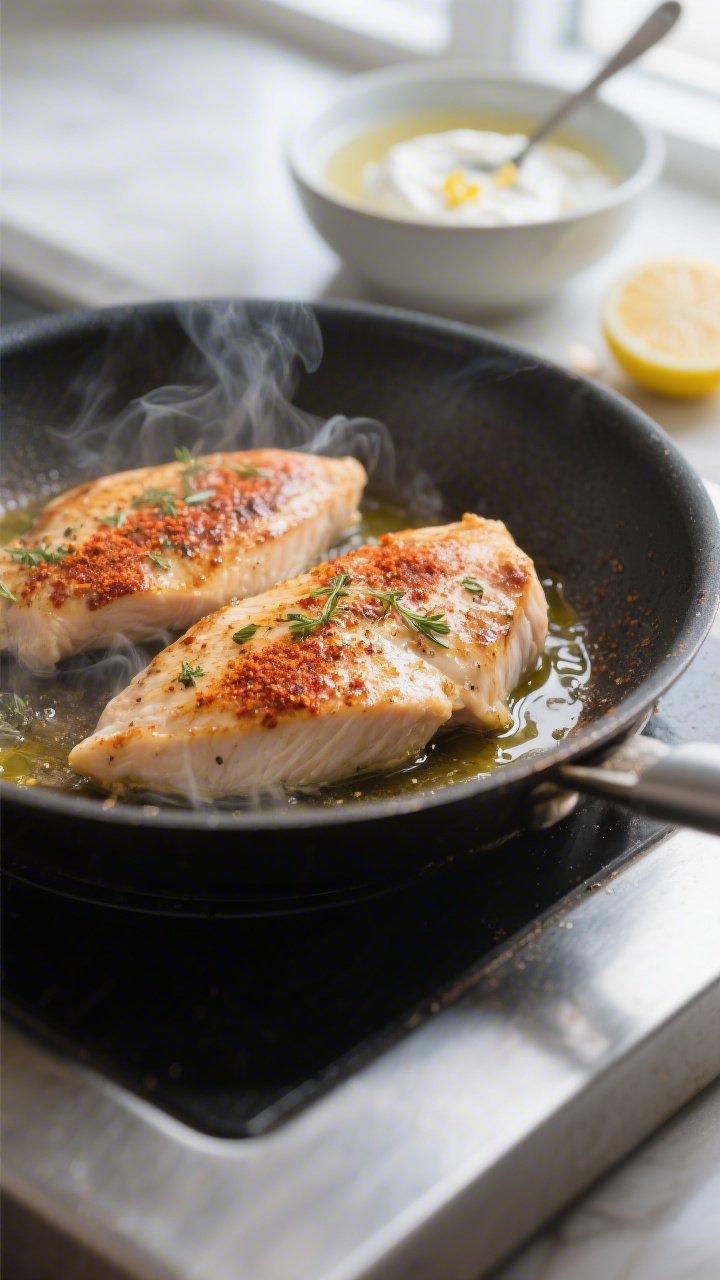 Cooking process close-up: Searing seasoned chicken breasts in a skillet until lightly golden, visibl
