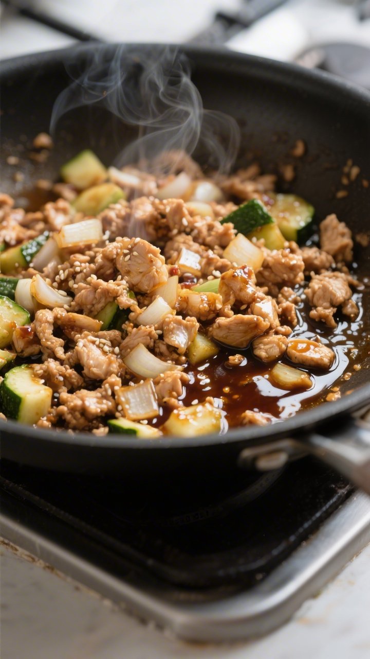 Cooking process close-up: Sizzling ground chicken in a wide skillet at the “sauce it up” stage, 