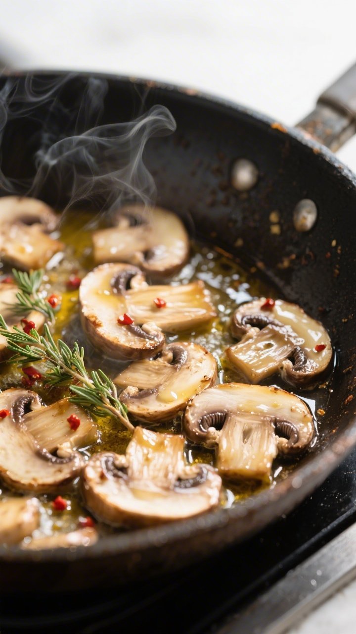Cooking process close-up: Sliced cremini mushrooms sizzling in a glossy, butter-and-olive-oil sheen 