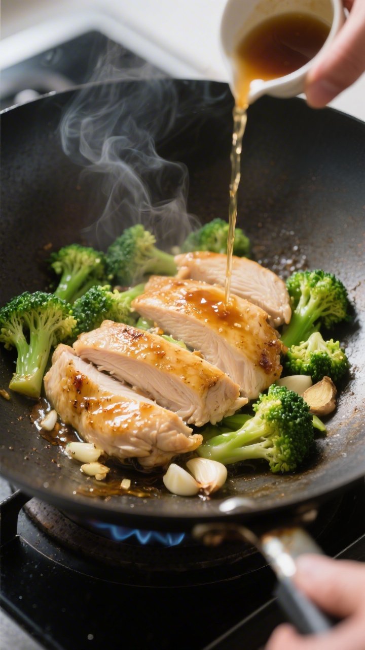 Cooking process, close-up: Thin-sliced chicken searing in a wide, dark wok over medium-high heat, ed
