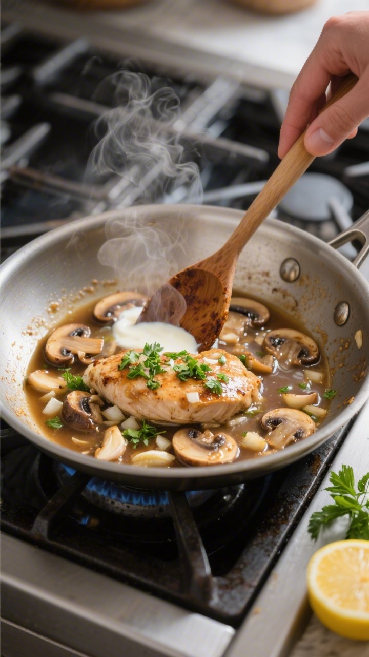 Cooking process: Deglazing moment for Keto Chicken Marsala—Marsala wine and chicken broth simmerin