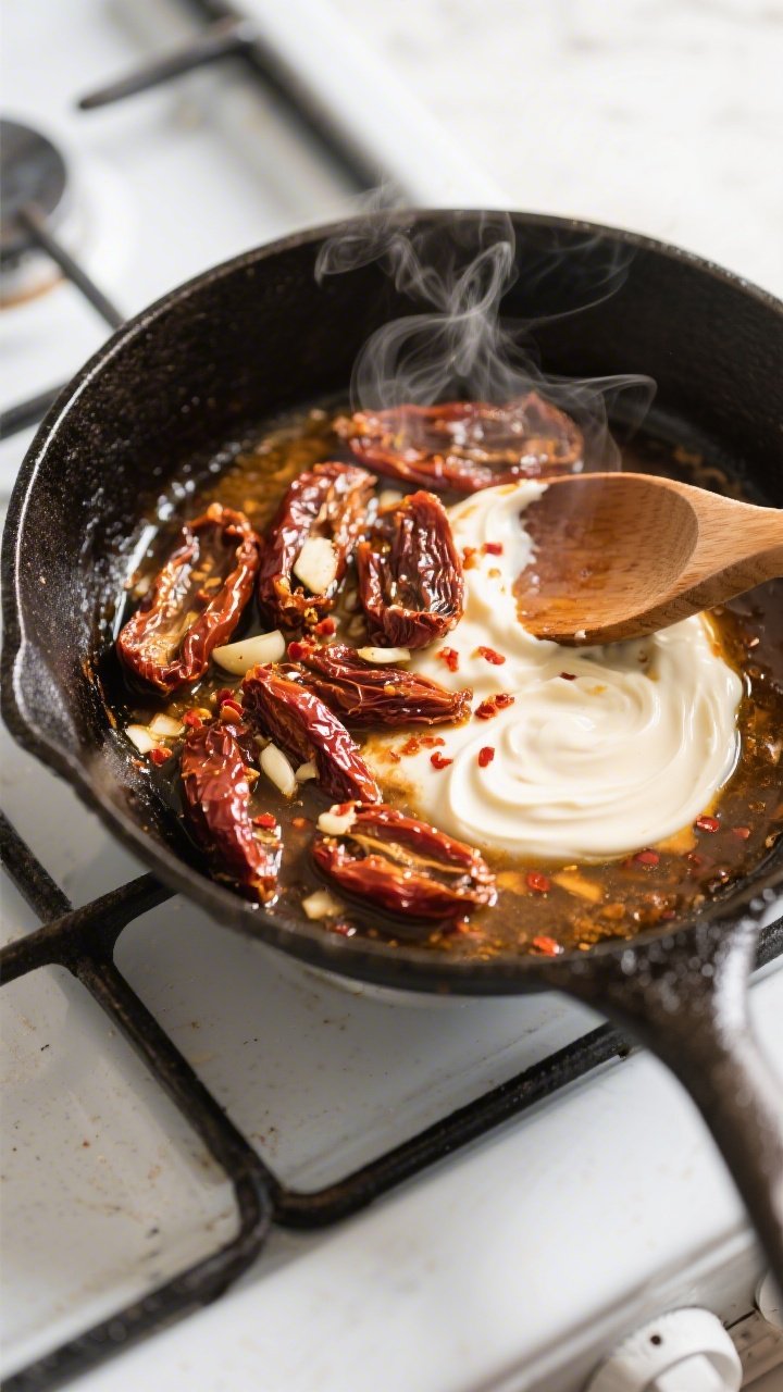 Cooking process: In-skillet scene of the sauce-building step—sun-dried tomatoes sizzling with minc