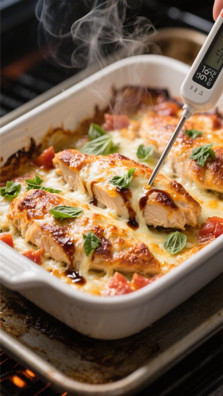 Cooking process: Keto Chicken Bruschetta Bake just out of the oven under the broiler—cheese lightl