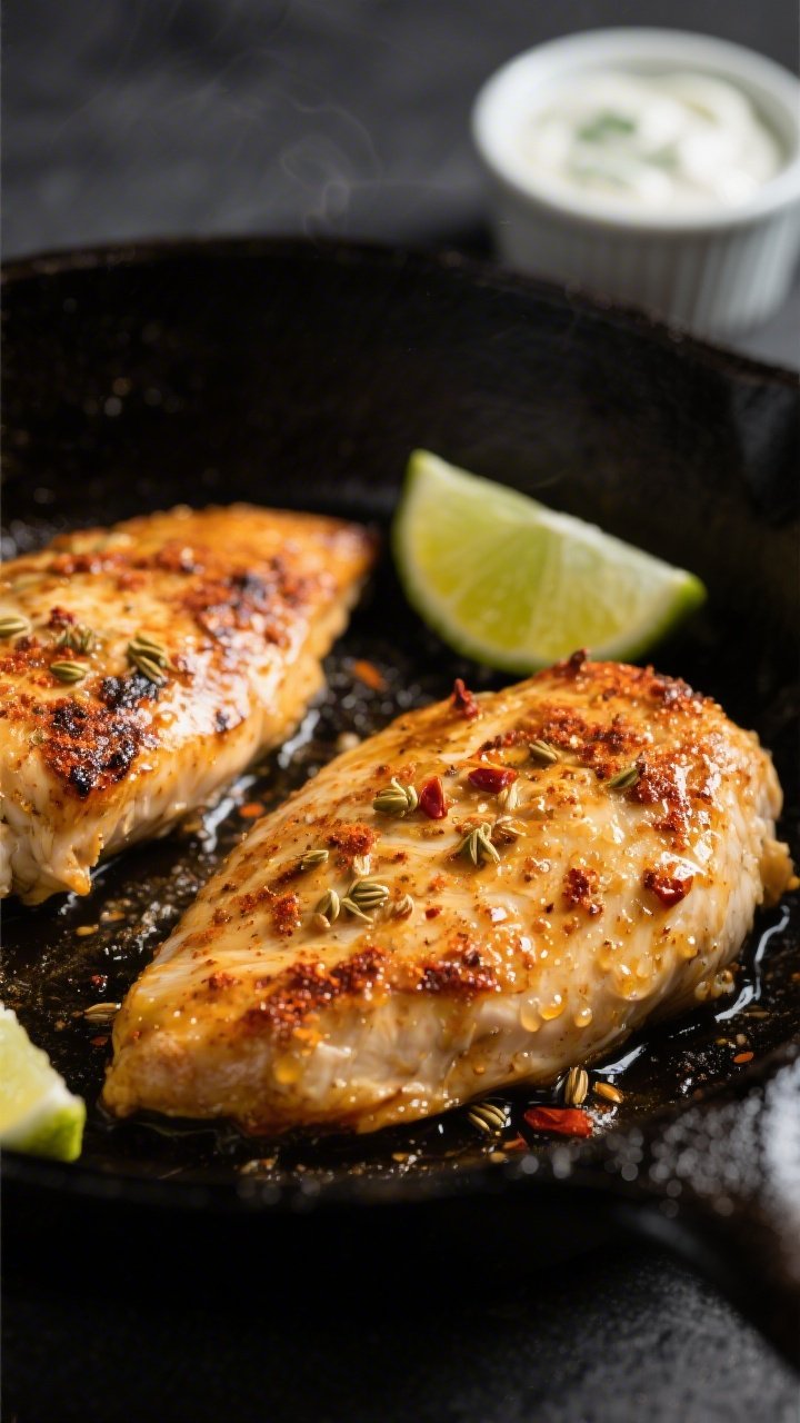 Cooking process — Marinated Southwest chicken breasts sizzling in a cast-iron skillet, golden sear