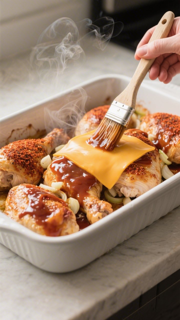Cooking process: Mid-bake action shot of the chicken in a 9x13 baking dish being brushed with the re