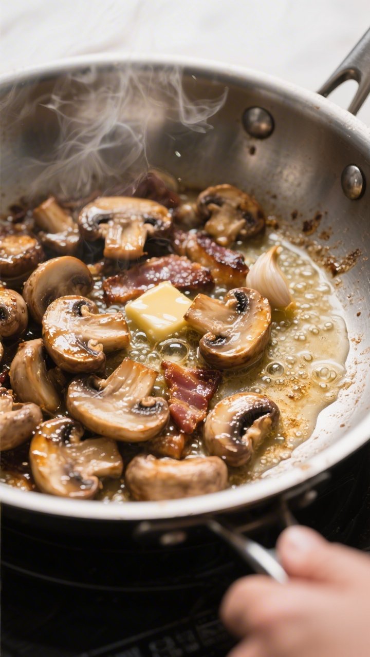 Cooking process: Mushrooms sautéing to deep golden in a stainless-steel skillet, edges caramelized 