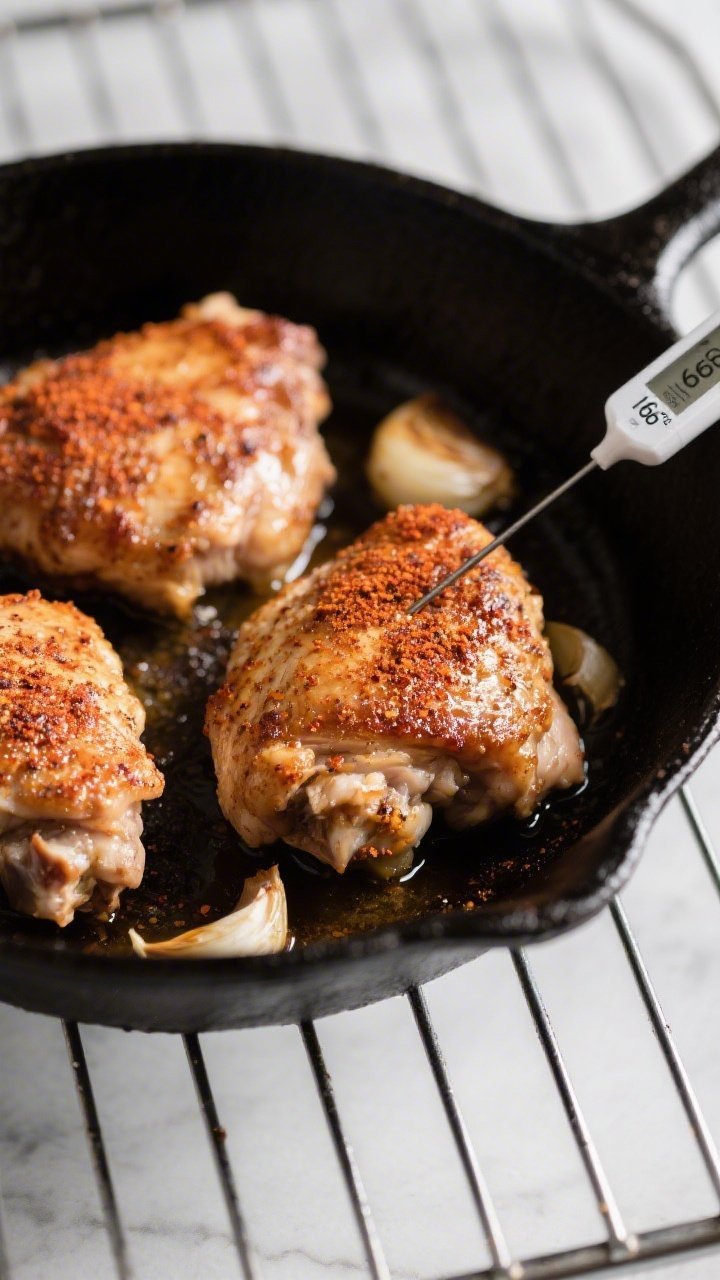 Cooking process: Oven-finished chicken thighs in a black cast-iron skillet, skin-side up and evenly 