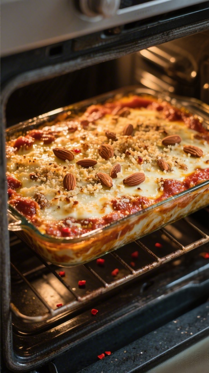 Cooking process: Overhead shot mid-broil of the casserole on the center oven rack, cheese already me