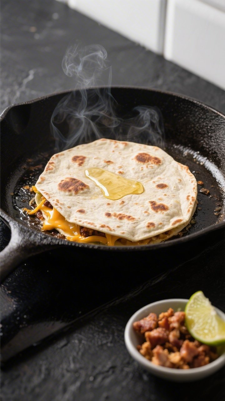 Cooking process: Overhead shot of a crunch wrap in a cast-iron skillet during the pan-sear step, sea