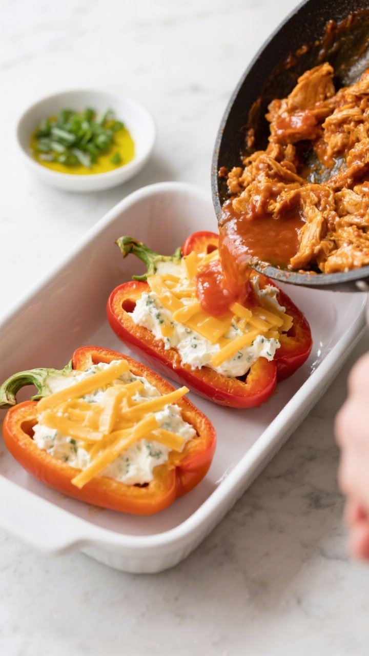 Cooking process: Overhead shot of par-baked bell pepper halves in a white baking dish being stuffed 