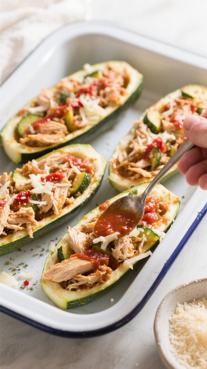 Cooking process: Overhead shot of par-baked zucchini boats being filled with the thick, saucy chicke