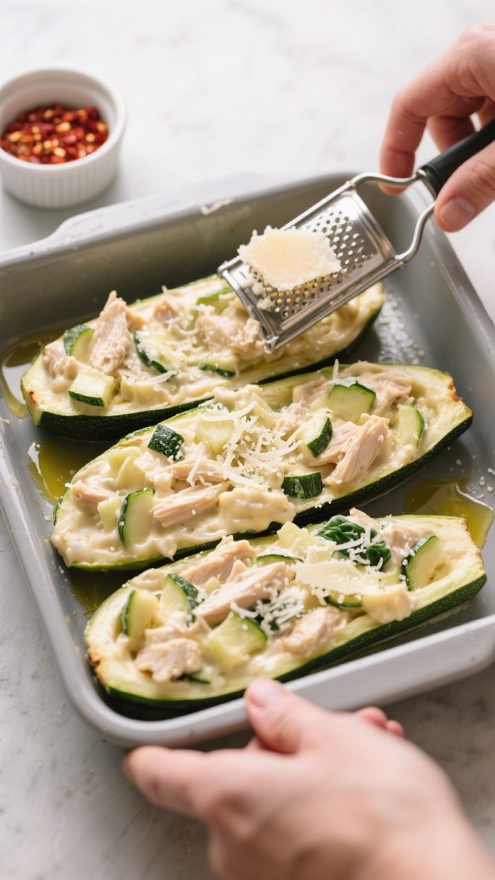 Cooking process: Overhead shot of par-baked zucchini boats being filled with thick, creamy chicken A